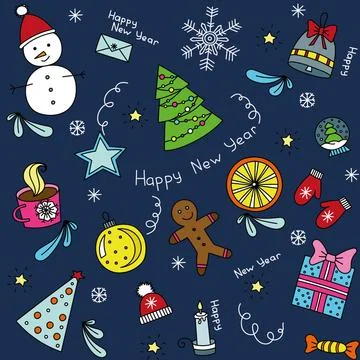 New year vector pattern on a blue background. Christmas icons seamless patter 스톡 일러스트