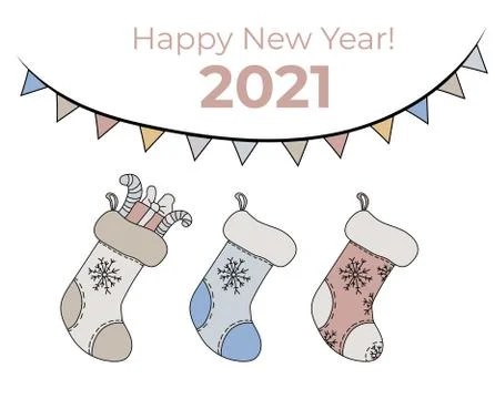 New year vector set. Christmas socks with gifts, New Year decoration and Stock Illustration