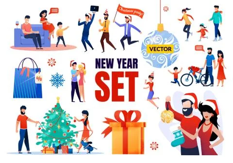 New Year Vector Set with Happy Family Celebrating Stock Illustration