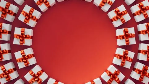 New Year white gift boxes with red ribbon on red background in perfect order Stock Illustration
