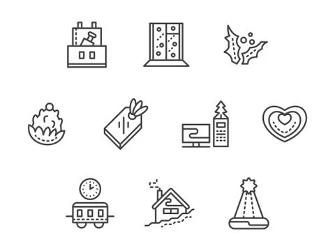 New Year at work black line vector icons set Stock Illustration