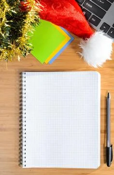 New year at work office desk with christmas accessories and stationery, vi... Stock Photos