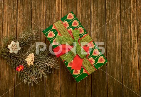 New Year's and Christmas. gift box, tree, gingerbread house Stock Photos
