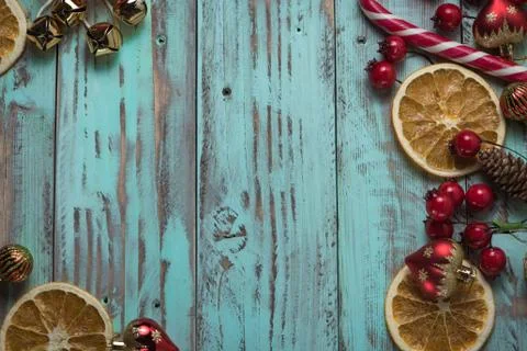 New year's background on a light geen desk decorated with Xmas decor Stock Photos
