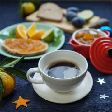 New Year's breakfast, coffee, bread, jam. Festive table setting. Stock Photos