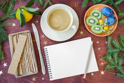 New Year's breakfast, coffee, bread, jam. Festive table setting. Stock Photos