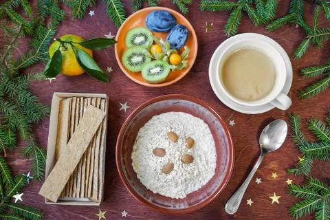 New Year's breakfast, coffee, bread, jam. Festive table setting. Stock Photos