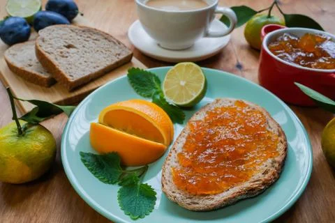 New Year's breakfast, coffee, bread, jam. Festive table setting. Stock Photos