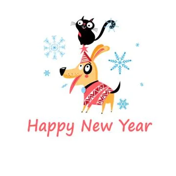 New Years bright postcard with a cat and a dog Illustrazione stock