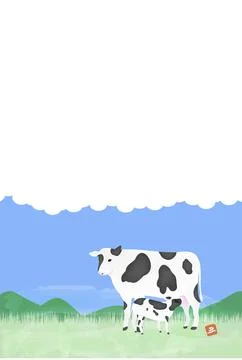New Year's card postcard template Illustration of Holstein in the ranch, oxen Stock Illustration