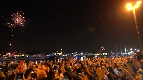 New Year's celebration with a handheld camera on the Bosphorus Stock Footage 196187949