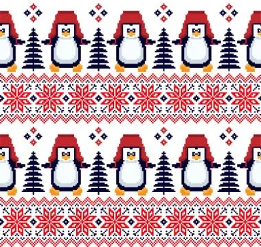 New Year's Christmas pattern pixel in penguins vector illustration 库存插图