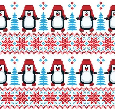 New Year's Christmas pattern pixel in penguins vector illustration 스톡 일러스트