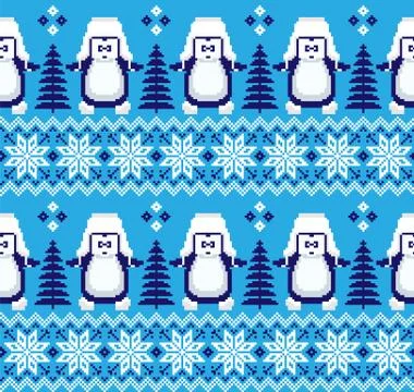 New Year's Christmas pattern pixel in penguins vector illustration Stock Illustration