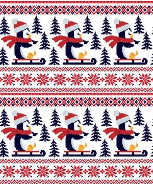 New Year's Christmas pattern pixel in penguins vector illustration イラスト素材