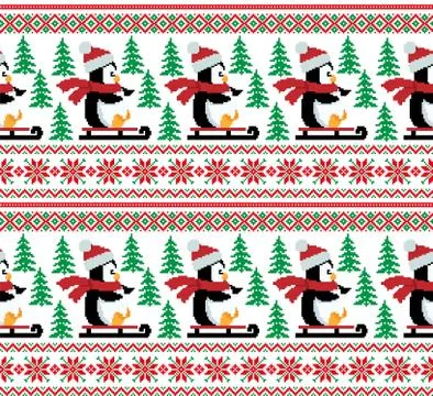 New Year's Christmas pattern pixel in penguins vector illustration Stock Illustration