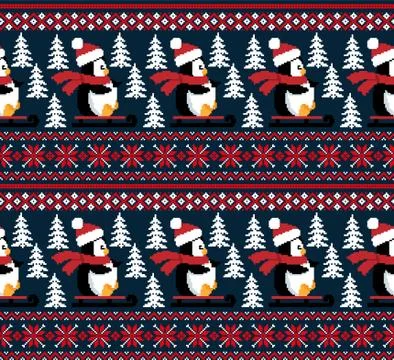 New Year's Christmas pattern pixel in penguins vector illustration 스톡 일러스트