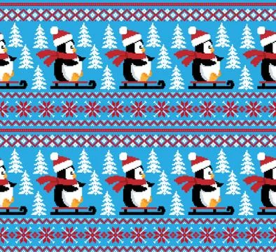 New Year's Christmas pattern pixel in penguins vector illustration 스톡 일러스트