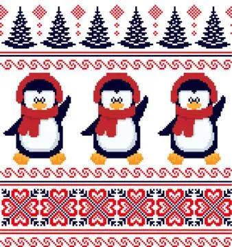 New Year's Christmas pattern pixel in penguins vector illustration イラスト素材