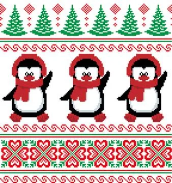 New Year's Christmas pattern pixel in penguins vector illustration Stock Illustration