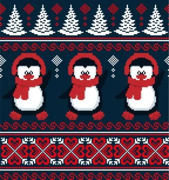 New Year's Christmas pattern pixel in penguins vector illustration 스톡 일러스트