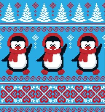 New Year's Christmas pattern pixel in penguins vector illustration 库存插图