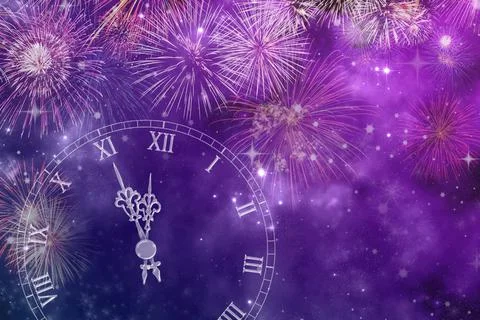 New Year's clock on a purple background with fireworks and snowflakes. Stock Illustration