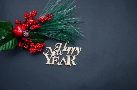 New Year's composition on a dark background. New Year 2021 with empty text space 库存照片