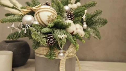New Year's composition with fir branches. Decoration for Christmas. Stock Footage 223731544