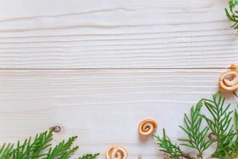 New Year's composition. Frame for text with Christmas tree and cones on a woo Stock Photos