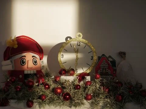 New Year's composition Nutcracker toy and large clock face Stock Photos