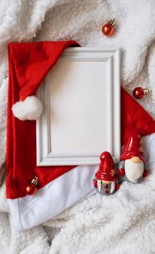 New Year's composition with a white frame on a plush background Stock Photos