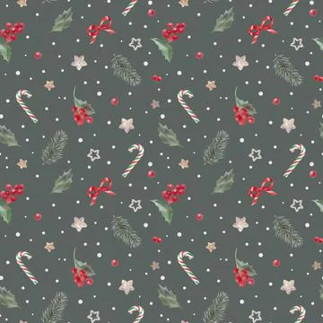 New Year's dark-green pattern with branches and branches, watercolor Stock Illustration