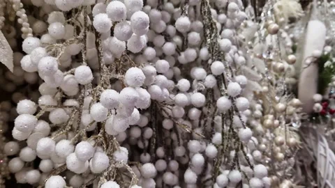 New Year's decor, artificial branches with white balls - berries Stock Footage 253559574