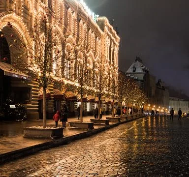New Year's decorated building on red square in perspective Stock Photos