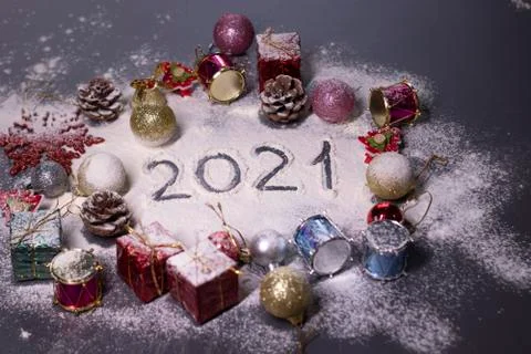New Year's decorations, decorative elements - in the snow. Christmas trees 스톡 사진