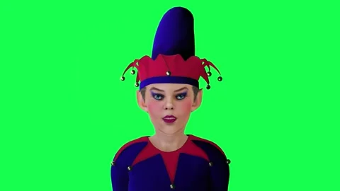 New Year's elf in red blue dress talking from opposite angle on green screen 3D Stockbeeldmateriaal 247973176