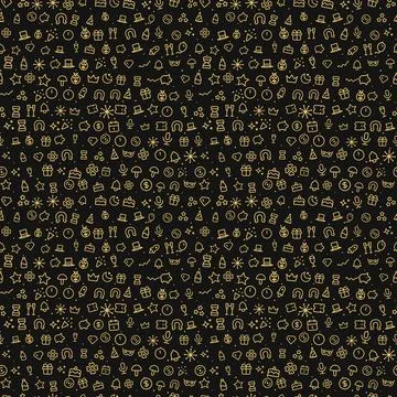 New Year's Eve seamless pattern, gold line icons on black background 스톡 일러스트