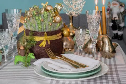 New Year's festive table setting, cutlery, decorations, New Year's decor Stock Photos