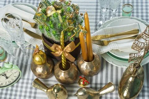 New Year's festive table setting, cutlery, decorations, New Year's decor Stock Photos