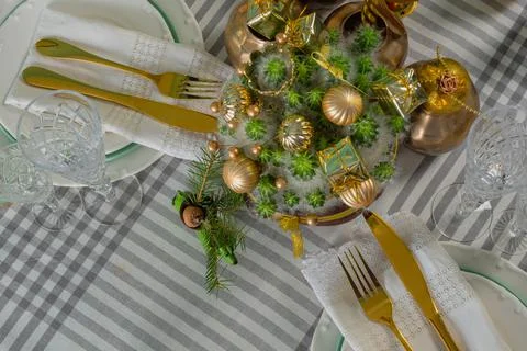 New Year's festive table setting, cutlery, decorations, New Year's decor Stock Photos