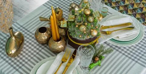 New Year's festive table setting, cutlery, decorations, New Year's decor Stock Photos