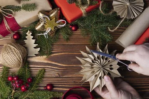 New Year's flat lay, layout, mock up on a dark wooden background. Gift, Twine Fotos Stock