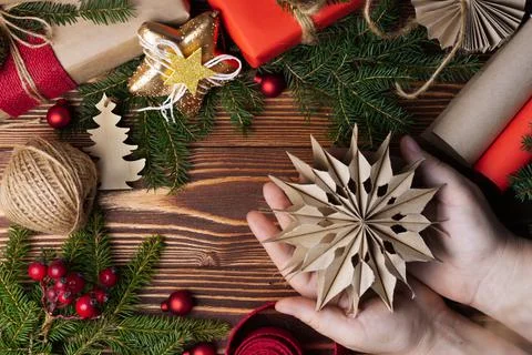 New Year's flat lay, layout, mock up on a dark wooden background. Gift, Twine Fotos Stock