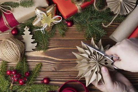 New Year's flat lay, layout, mock up on a dark wooden background. Gift, Twine Фото