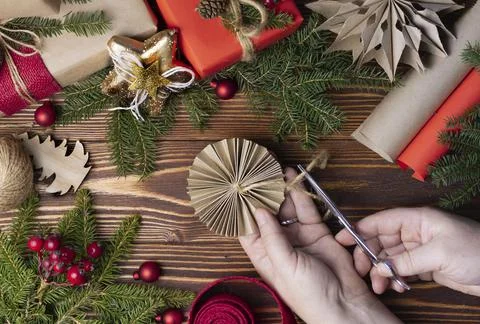 New Year's flat lay, layout, mock up on a dark wooden background. Gift, Twine Фото