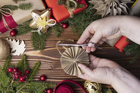 New Year's flat lay, layout, mock up on a dark wooden background. Gift, Twine Fotos Stock