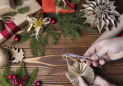 New Year's flat lay, layout, mock up on a dark wooden background. Gift, Twine Фото
