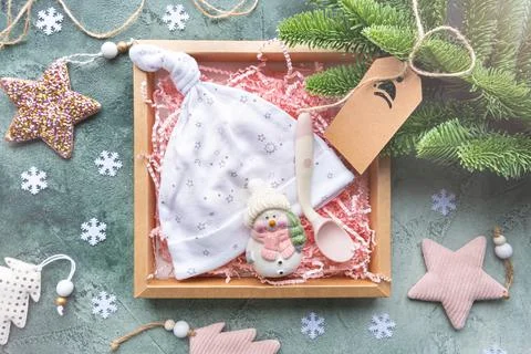 New Year's gift box for the birth of a baby. Christmas decor. Stock Illustration
