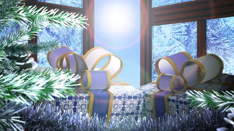 New years gift with open window and decoration sale background Stock Footage 33756986